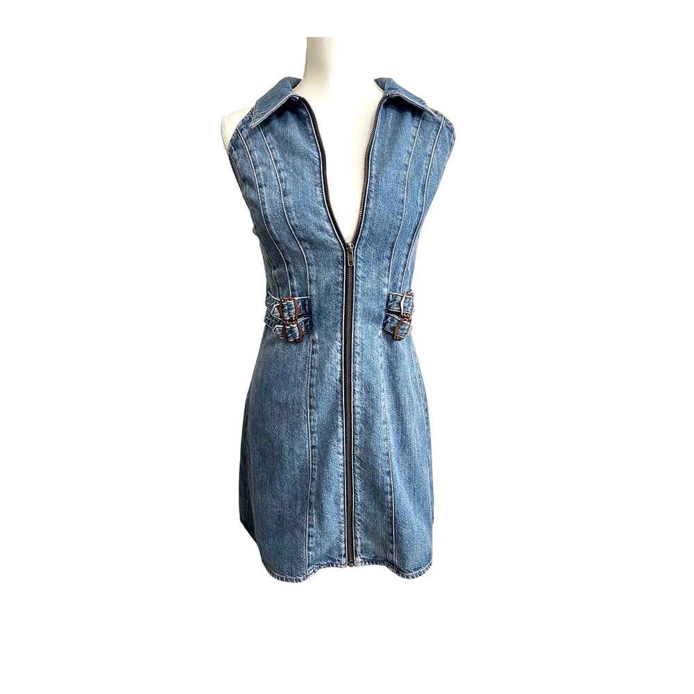 Alice + Olivia  Axelle Blue Denim Zip Front Halter Mini Dress 6 CD505117550